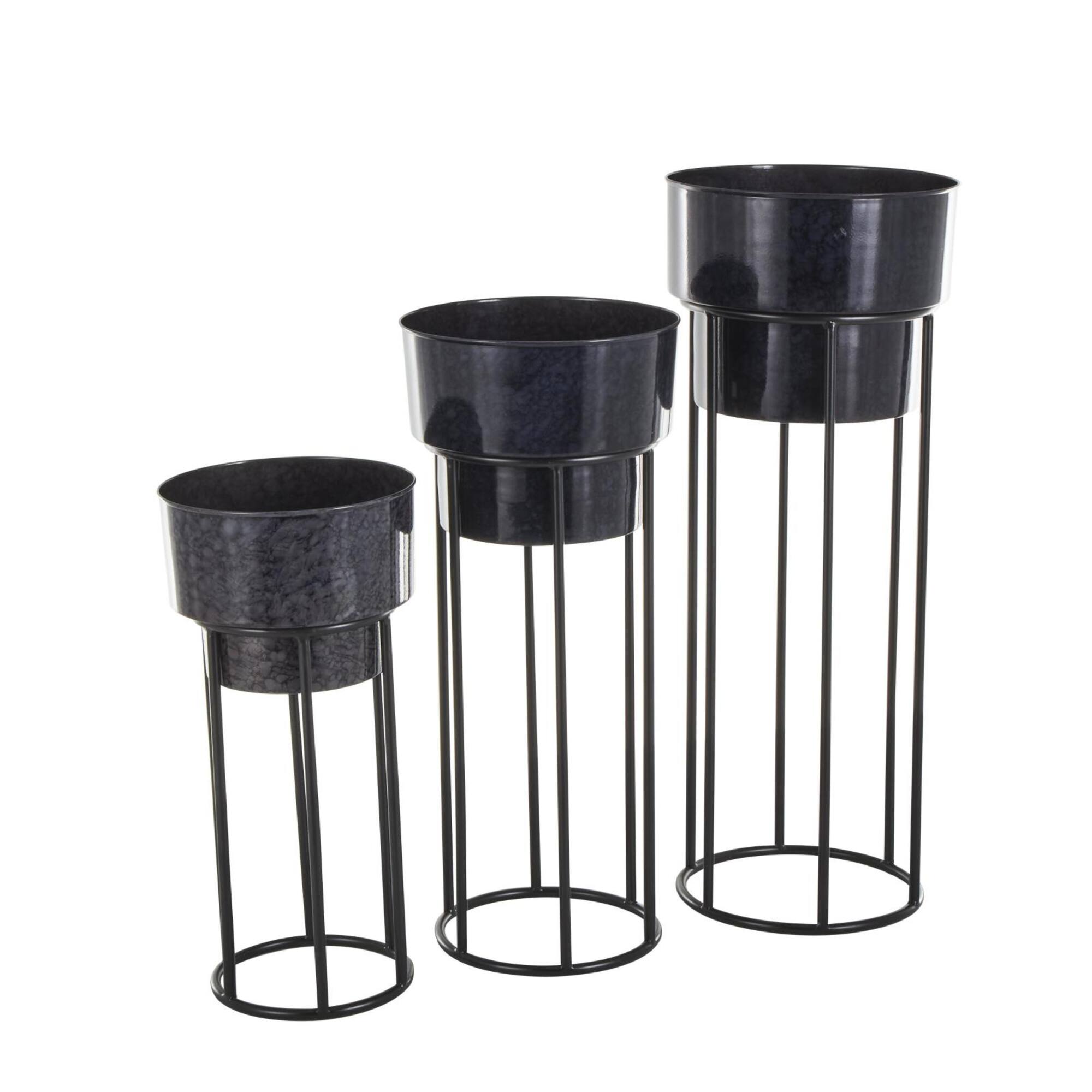 Black Metal Wash Textured Planter with Open Framed Black Caged Base Set